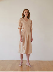 Elegant Wrap-Front Midi Dress In Breathable Premium Linen With Gathered Puff Sleeves