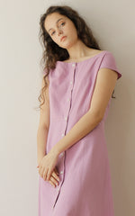 Cap Sleeve Linen Midi Dress with Wide Boat Neckline and Button-Front Detail for Women