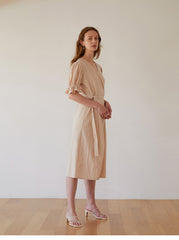 Elegant Wrap-Front Midi Dress In Breathable Premium Linen With Gathered Puff Sleeves