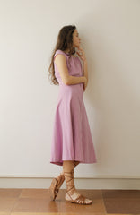 Cap Sleeve Linen Midi Dress with Wide Boat Neckline and Button-Front Detail for Women