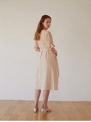 Elegant Wrap-Front Midi Dress In Breathable Premium Linen With Gathered Puff Sleeves