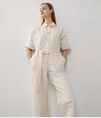 Chic Short Sleeve Belted Linen Jumpsuit for Women – Lightweight Tailored One-Piece Suit
