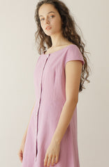 Cap Sleeve Linen Midi Dress with Wide Boat Neckline and Button-Front Detail for Women