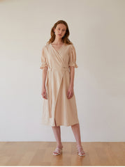 Elegant Wrap-Front Midi Dress In Breathable Premium Linen With Gathered Puff Sleeves