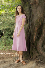 Cap Sleeve Linen Midi Dress with Wide Boat Neckline and Button-Front Detail for Women