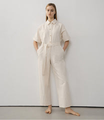 Chic Short Sleeve Belted Linen Jumpsuit for Women – Lightweight Tailored One-Piece Suit