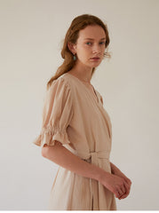 Elegant Wrap-Front Midi Dress In Breathable Premium Linen With Gathered Puff Sleeves