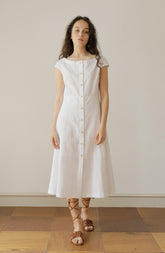 White Linen Midi Dress with Cap Sleeves and Button-Front Closure for Elegant Summer Style