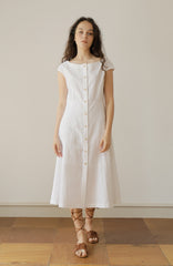 White Linen Midi Dress with Cap Sleeves and Button-Front Closure for Elegant Summer Style
