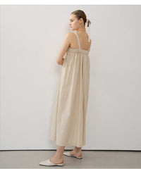 Sleeveless Linen Maxi Dress with Gathered Bodice and Flowy A-Line Silhouette