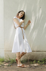 White Linen Midi Dress with Cap Sleeves and Button-Front Closure for Elegant Summer Style