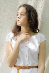 White Linen Midi Dress with Cap Sleeves and Button-Front Closure for Elegant Summer Style