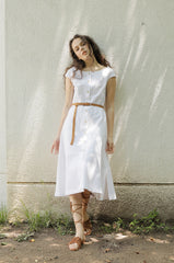 White Linen Midi Dress with Cap Sleeves and Button-Front Closure for Elegant Summer Style