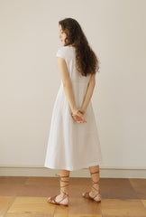 White Linen Midi Dress with Cap Sleeves and Button-Front Closure for Elegant Summer Style