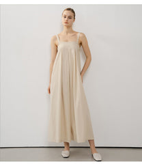 Sleeveless Linen Maxi Dress with Gathered Bodice and Flowy A-Line Silhouette