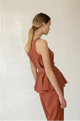 Sleeveless Belted V-Neck Linen Blouse with Peplum Detail for Modern Chic Style