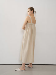 Sleeveless Linen Maxi Dress with Gathered Bodice and Flowy A-Line Silhouette