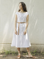 White Linen Midi Dress with Cap Sleeves and Button-Front Closure for Elegant Summer Style