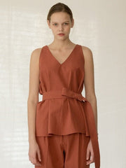 Sleeveless Belted V-Neck Linen Blouse with Peplum Detail for Modern Chic Style