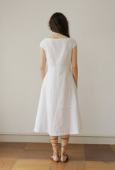 White Linen Midi Dress with Cap Sleeves and Button-Front Closure for Elegant Summer Style