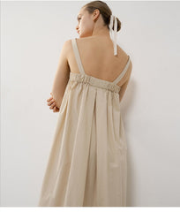 Sleeveless Linen Maxi Dress with Gathered Bodice and Flowy A-Line Silhouette