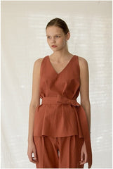 Sleeveless Belted V-Neck Linen Blouse with Peplum Detail for Modern Chic Style