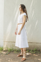 White Linen Midi Dress with Cap Sleeves and Button-Front Closure for Elegant Summer Style