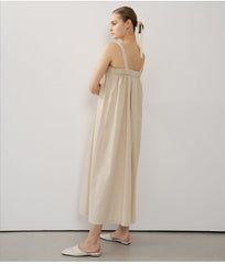 Sleeveless Linen Maxi Dress with Gathered Bodice and Flowy A-Line Silhouette