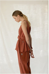 Sleeveless Belted V-Neck Linen Blouse with Peplum Detail for Modern Chic Style