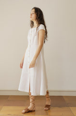 White Linen Midi Dress with Cap Sleeves and Button-Front Closure for Elegant Summer Style