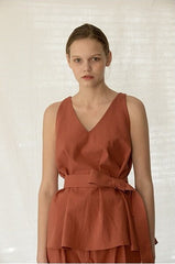 Sleeveless Belted V-Neck Linen Blouse with Peplum Detail for Modern Chic Style