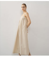 Sleeveless Linen Maxi Dress with Gathered Bodice and Flowy A-Line Silhouette