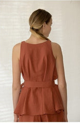 Sleeveless Belted V-Neck Linen Blouse with Peplum Detail for Modern Chic Style