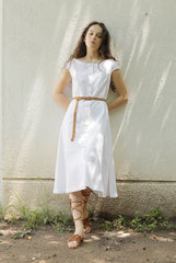 White Linen Midi Dress with Cap Sleeves and Button-Front Closure for Elegant Summer Style