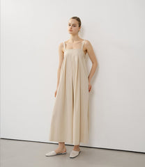 Sleeveless Linen Maxi Dress with Gathered Bodice and Flowy A-Line Silhouette