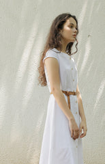 White Linen Midi Dress with Cap Sleeves and Button-Front Closure for Elegant Summer Style