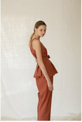 Sleeveless Belted V-Neck Linen Blouse with Peplum Detail for Modern Chic Style