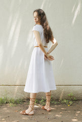 White Linen Midi Dress with Cap Sleeves and Button-Front Closure for Elegant Summer Style
