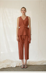 Sleeveless Belted V-Neck Linen Blouse with Peplum Detail for Modern Chic Style