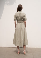 Women's Linen Collared Shirt Dress – Short Sleeve Belted Midi Dress with A-Line Silhouette