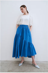 Tiered Linen Midi Skirt with Asymmetric Gathered Panels and Flowy Silhouette