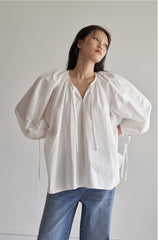 Elegant Puff Sleeve Linen Blouse With Drawstring Detail And Relaxed Silhouette For Women