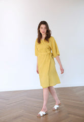 Wrap-Front Linen Dress With Tie Waist And Elbow-Length Sleeves
