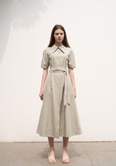 Women's Linen Collared Shirt Dress – Short Sleeve Belted Midi Dress with A-Line Silhouette