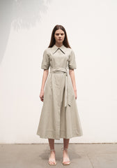 Women's Linen Collared Shirt Dress – Short Sleeve Belted Midi Dress with A-Line Silhouette