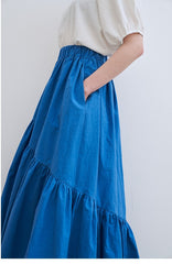 Tiered Linen Midi Skirt with Asymmetric Gathered Panels and Flowy Silhouette