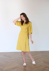Wrap-Front Linen Dress With Tie Waist And Elbow-Length Sleeves