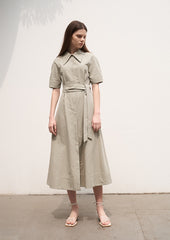 Women's Linen Collared Shirt Dress – Short Sleeve Belted Midi Dress with A-Line Silhouette