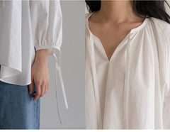 Elegant Puff Sleeve Linen Blouse With Drawstring Detail And Relaxed Silhouette For Women