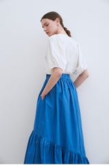 Tiered Linen Midi Skirt with Asymmetric Gathered Panels and Flowy Silhouette